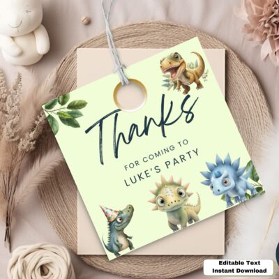 Dinosaur Birthday Party Thank you Tag, Digital Template Editable