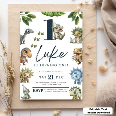 Dinosaur 1st Birthday Invitation. Digital, Editable