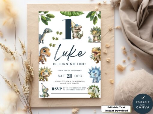 Dinosaur 1st Birthday Invitation. Digital, Editable